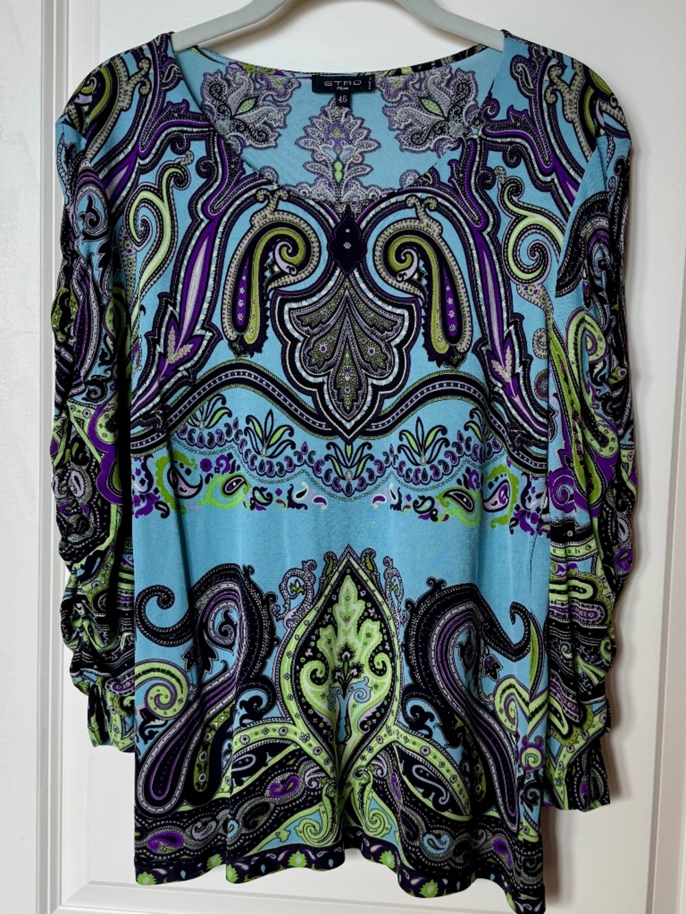 ETRO Milano Womens Multicolor Paisley Ruched Sleeve Top Sz 46 / US 10-12